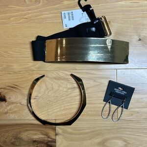 Bundle NWT Gold Stretchy Belt & Gold Necklace & Rhinestone Earrings